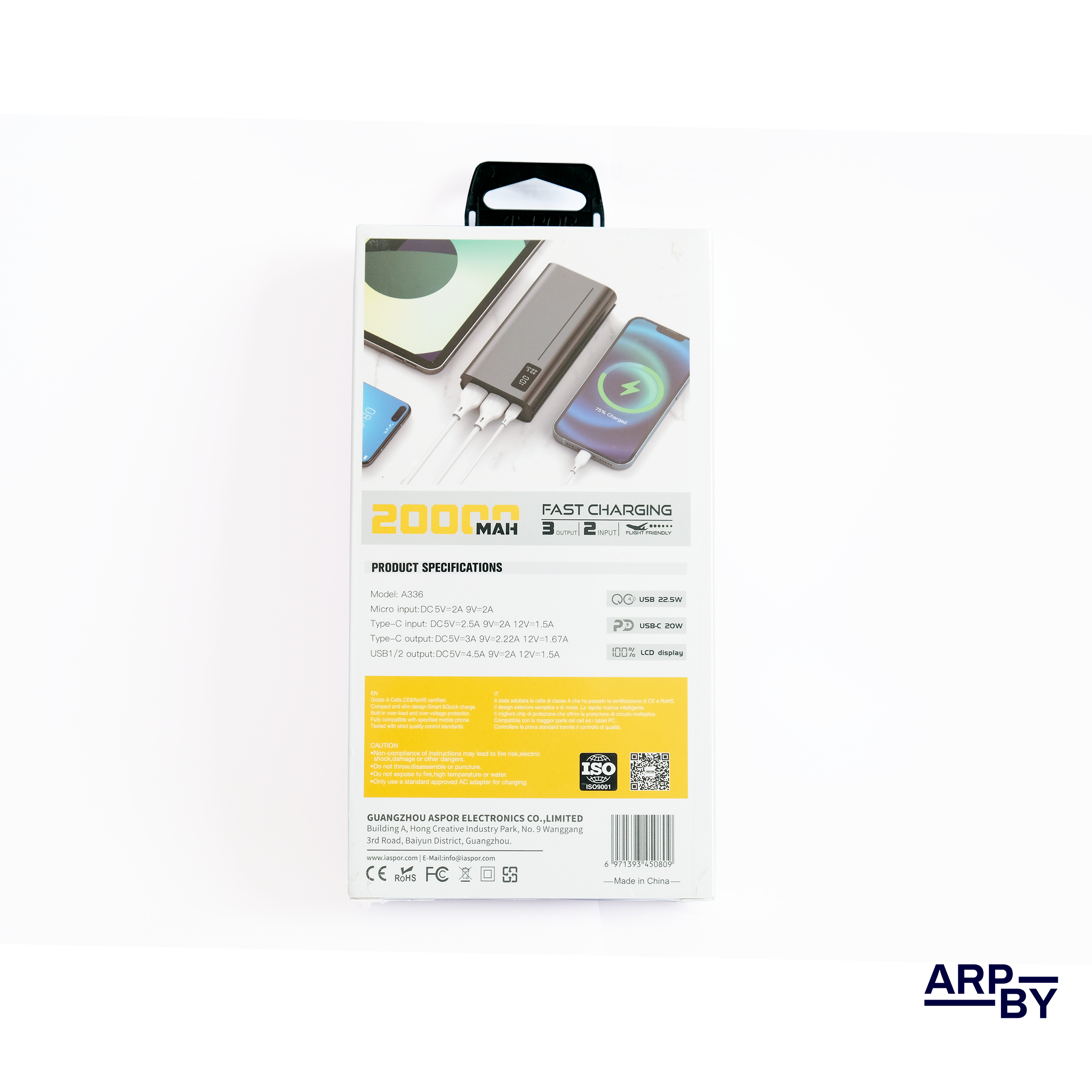 20000mah Carreg. Rápido Power Bank A336 Preto